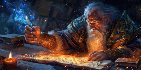 Spellbinding Script: The Wizard's Calligraphy of Runes - An illustration showing a wizard creating elegant runes with a magical quill, each stroke flowing with magical energy, demonstrating the artist