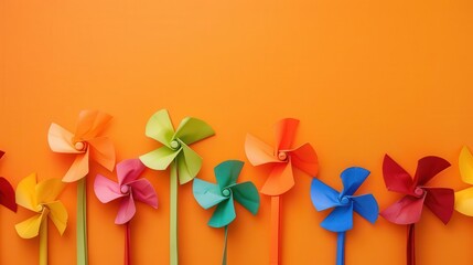 Wall Mural - colorful pinwheel collection arranged on vibrant orange background playful toy still life