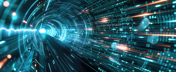 Wall Mural - tunnel of cyber data in abstract digital space, fast lights as dark information background. theme of