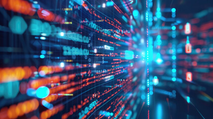 Tunnel of cyber data in abstract digital space, fast lights and code as dark information background. Theme of speed, secure network, tech, technology, cyberspace