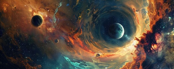 Colorful cosmic landscape featuring black hole, planets, and nebulae