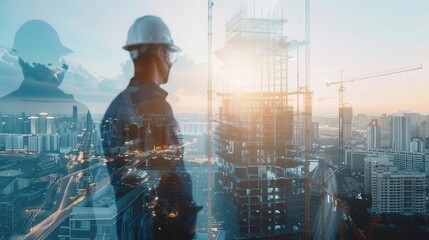 double exposure of building construction and engineers architectural visualization