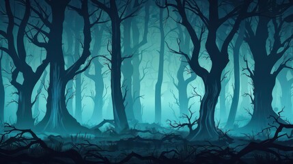eerie halloween woods with haunting atmosphere dark and misty forest scene digital horror illustration