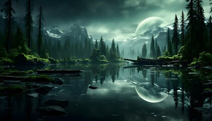 Wall Mural - Fantasy landscape with a lake, forest and moon in the sky