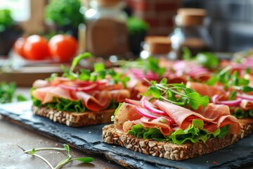 Wall Mural - Open faced sandwiches with fresh vegetables, lettuce, and tomato on whole grain bread, food photography, healthy and delicious meal option for lunch, vibrant presentation