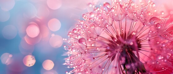 Dandelion close-up macro in drops of dew rain on blue and pink background. Refined airy art image. with copy space