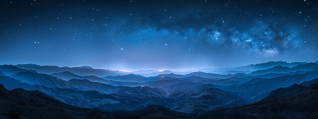 Wall Mural - beautiful blue starry sky at mountains. night colorful landscape. starry sky with hills at summer. b