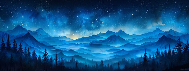 Wall Mural - beautiful blue starry sky at mountains. night colorful landscape. starry sky with hills at summer. b