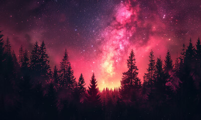Starry night above the forest showing the milky way, colorful pink purple milky way galaxy background