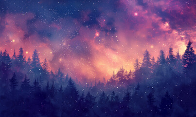 Wall Mural - starry clear night sky. mixed media, silhouette trees against sky at night with colorful galaxy in b