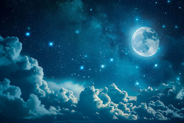 Wall Mural - captivating full moon illuminating clouds and stars in night sky, sky with moon and clouds, romantic