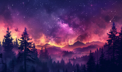 Wall Mural - starry clear night sky. mixed media, silhouette trees against sky at night with colorful galaxy in b