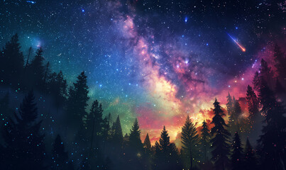 Wall Mural - starry clear night sky. mixed media, silhouette trees against sky at night with colorful galaxy in b