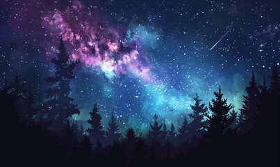 Wall Mural - starry clear night sky. mixed media, silhouette trees against sky at night with colorful galaxy in b