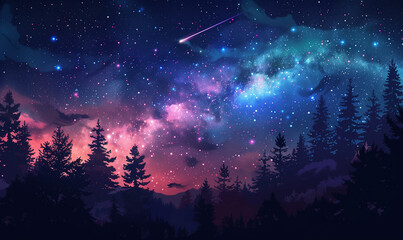 Wall Mural - starry clear night sky. mixed media, silhouette trees against sky at night with colorful galaxy in b