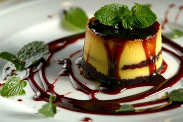 Gourmet panna cotta with chocolate sauce and mint leaves, served on a white plate, food photography, elegant and delicious dessert option, perfect for special occasions