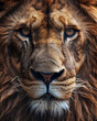 © Irina - King lion muzzle macro shot. Detailed close up shot of wildcat leo face texture. Wildlife in  savanna. Banner for safari hunter. Pet care, animals concept background, poster, print, design card, flyer