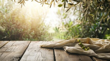 Wall Mural - Natural wooden table and organic cloth with olive tree plant. Product placement mockup design background. Outdoor tropical summer