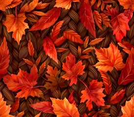 Wall Mural - Seamless Autumnal Maple Leaf Pattern with Cable Knit Motif and Romantic Realism