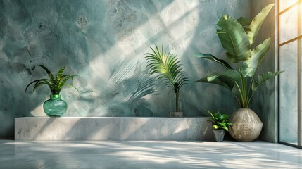 Wall Mural - White empty concrete textured wall and podium stage background, green glass vase with plants, neutral sustainable natural brand product showcase template, mock up with copy space