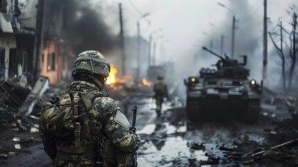 Wall Mural -  A Ukrainian soldier stands in the middle of an urban street, with tanks and military vehicles behind him. The scene is set during war, with smoke rising from distant explosions.
