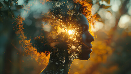 Double exposure of a forest landscape and a silhouette of a person's profile. Woman double exposure portrait