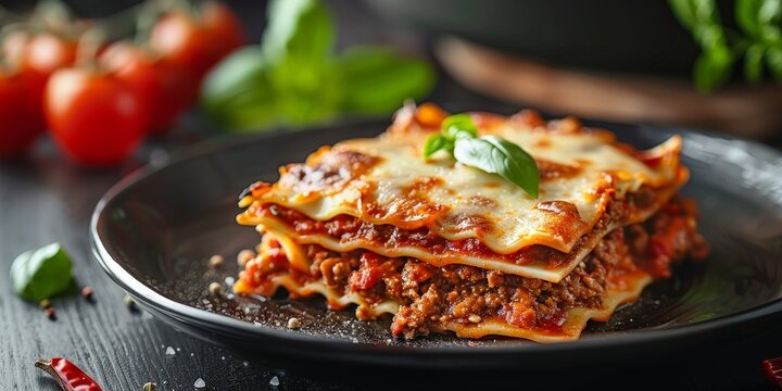 Delicious homemade lasagna with layers of rich meat sauce, melted cheese, and fresh basil, served on a black plate, creating a mouthwatering Italian dish.
