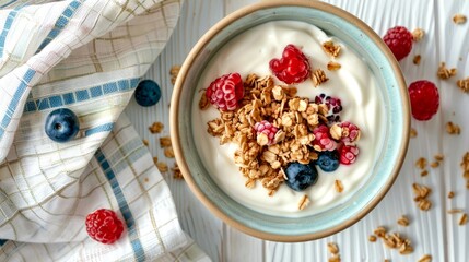 Poster - Healthy breakfast with yogurt, granola, and fresh berries in a rustic bowl. Top view image portrays a balanced and nutritious meal. Ideal for food blogs, healthy lifestyle promotions