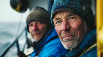 Two men wearing hats one with a blue jacket and the other with a blue and white jacket sitting on a boat looking out to the sea.