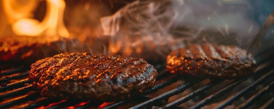 Close-up of juicy burger patties grilling over flames.