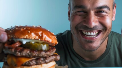 Wall Mural - Man with a big smile holding a large appetizing burger with multiple layers of meat cheese and vegetables.