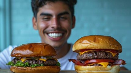 Wall Mural - Smiling man in white shirt behind two stacked burgers with cheese bacon and tomato on a wooden table.