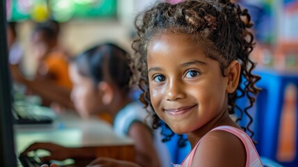 Canvas Print - Young girl with curly hair smiling at camera sitting at desk with computer keyboard in front of her in classroom setting.