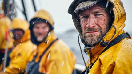 A group of three men wearing yellow rain jackets with one man in the foreground looking directly at the camera and the other two men in the background looking away all standing on a boat in the rain.