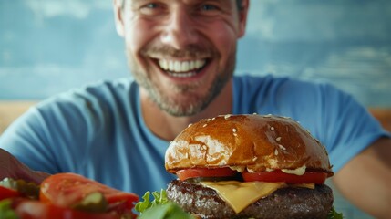 Wall Mural - A man with a beard and blue shirt smiling broadly holding a large appetizing burger with cheese and tomato in front of a blurred background.