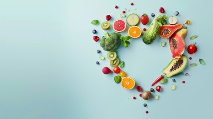 Wall Mural - A heart-shaped arrangement of colorful fruits and vegetables on a light blue background. This image is suitable for health-related content. 