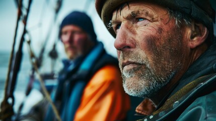 Two weathered men one in orange the other in blue stand on a boat gazing into the distance their faces etched with the marks of time and the elements.