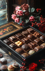 Wall Mural - A box of assorted chocolates sits on a table next to a vase of red roses