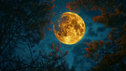 Wall Mural - full moon night sky scene with tree branches in dark forest. night sky and full yellow bright big ro