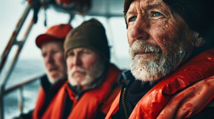 Wall Mural - Three elderly men with white beards and hats wearing life jackets sitting on a boat looking ahead with serious expressions.