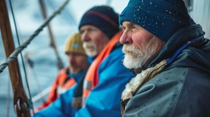 Wall Mural - Three elderly men bundled up in jackets and hats sitting on a boat looking out at the ocean with the wind and rain evident on their clothing.