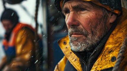 Wall Mural - Old man with a beard and mustache wearing a yellow jacket looking out into the distance with a serious expression.