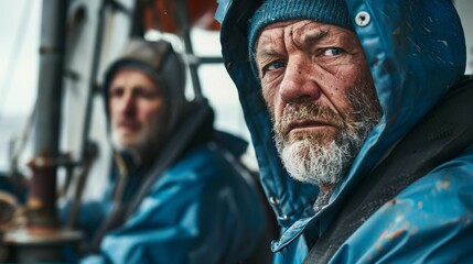 Wall Mural - Two men on a boat one with a stern expression and a gray beard both wearing blue jackets and hats looking out into the distance.