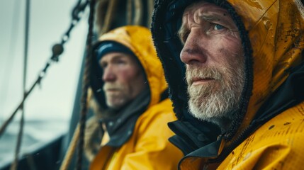 Wall Mural - Two weathered men in yellow rain gear one with a beard looking out into the distance on a boat possibly at sea.