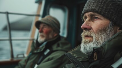 Wall Mural - Two elderly men with white beards and hats sitting on a boat looking out at the water with a contemplative expression.