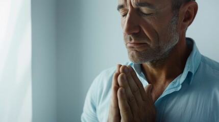 Wall Mural - Man in blue shirt with eyes closed hands clasped together in prayer standing in a room with a white wall and a window with light streaming through.