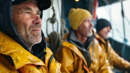 Wall Mural - Three men on a boat wearing yellow jackets one with a cap and the other two with beanies looking out into the distance.