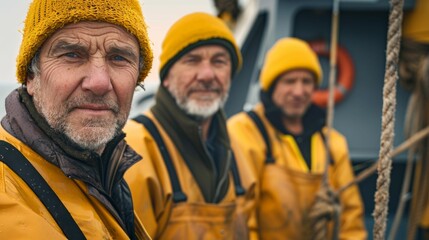 Wall Mural - Three elderly men in yellow rain gear with white beards standing on a boat looking at the camera with serious expressions.