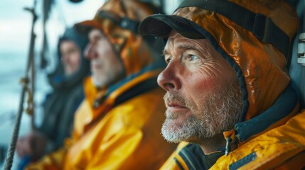 Wall Mural - Three men in yellow rain gear one with a beard looking out into the distance possibly at sea with a focus on the man in the foreground.