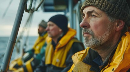 Wall Mural - Three men on a boat wearing life jackets looking out at the ocean with one man in the foreground wearing a knit cap and a contemplative expression.